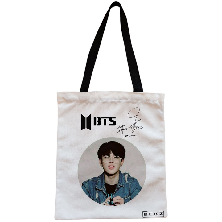 Vászon női hordtáska, BTS Jimin Signature Modell, 38x34,5 cm, fehér, BEKZ