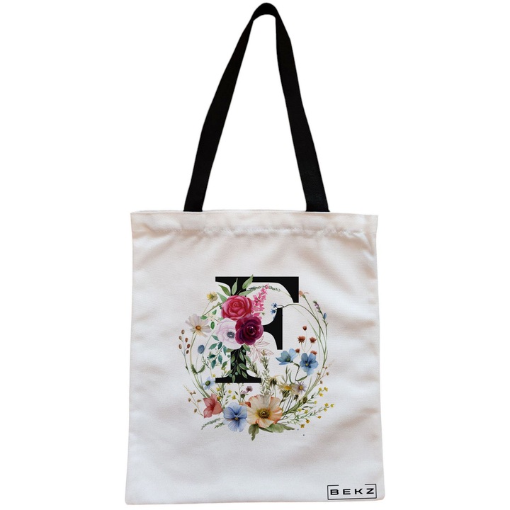 Платнена дамска чанта, с буква F във флорален венец, 38x34,5 см, бяла, BEKZ®