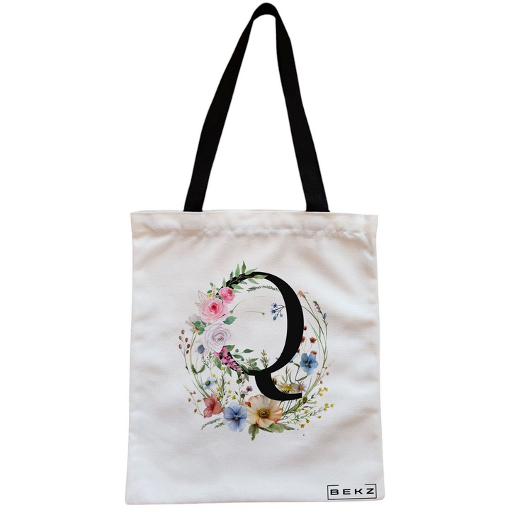 Платнена дамска чанта, с буква Q във флорален венец, 38x34,5 см, бяла, BEKZ®