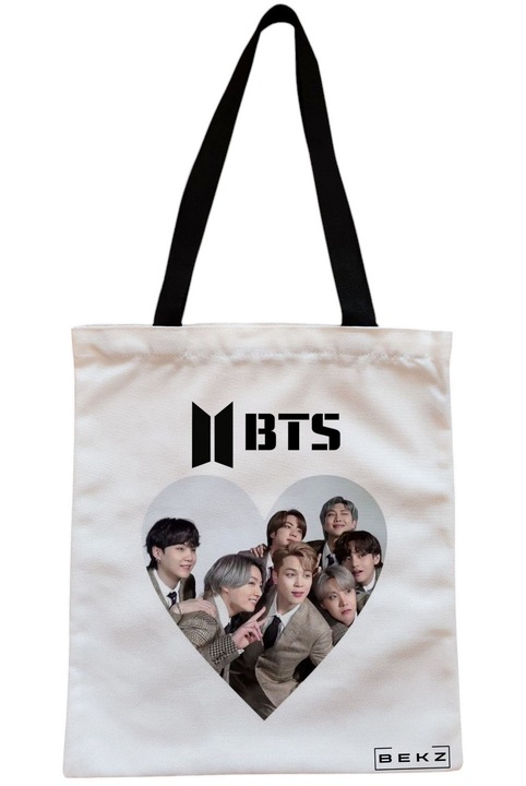 Sacosa Cumparaturi Textila cu Fermoar, Geanta Tote, model BTS Army 10, 38x34.5 cm, Alba, BEKZ®