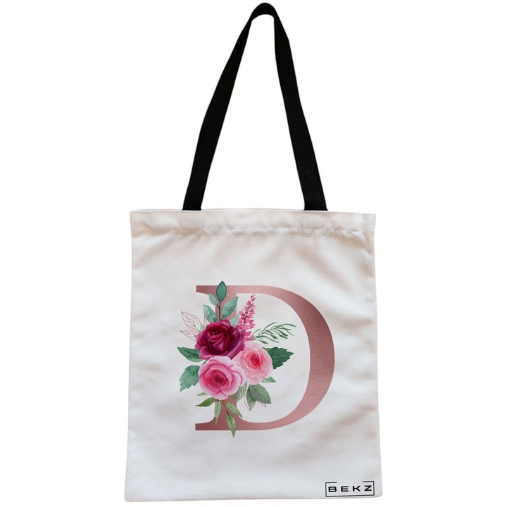 Vászon női hordtáska, D betűvel Rose Gold and Roses, 38x34,5 cm, fehér, BEKZ