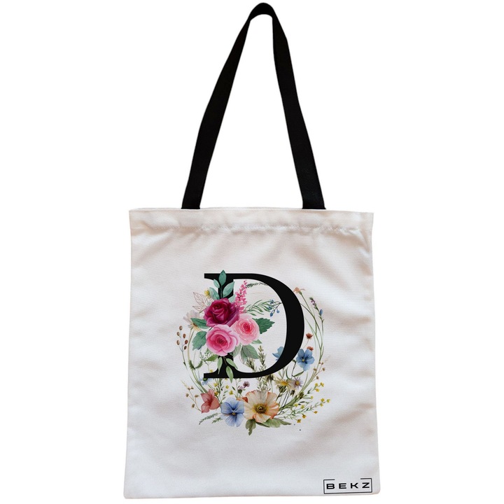 Vászon női hordtáska, D betűvel, virágos koronával, 38x34,5 cm, fehér, BEKZ