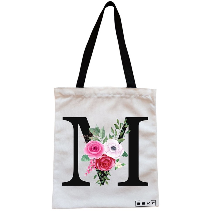 Vászon női hordtáska, M betűvel és rózsákkal, 38x34,5 cm, fehér, BEKZ