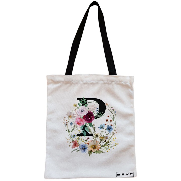 Платнена дамска чанта, с буква P във флорална корона, 38x34,5 см, бяла, BEKZ®