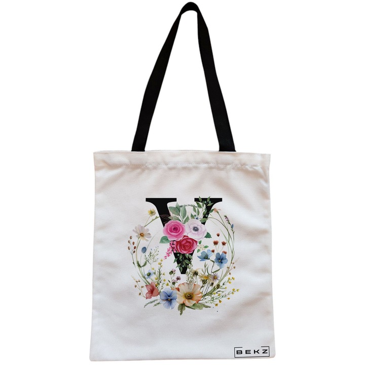 Платнена дамска чанта, с буква V във флорален венец, 38x34,5 см, бяла, BEKZ®