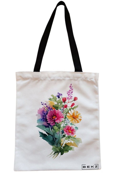 Sacosa Cumparaturi Textila cu Fermoar, Geanta Tote, model The Bouquet, 38x34.5 cm, Alba, BEKZ®