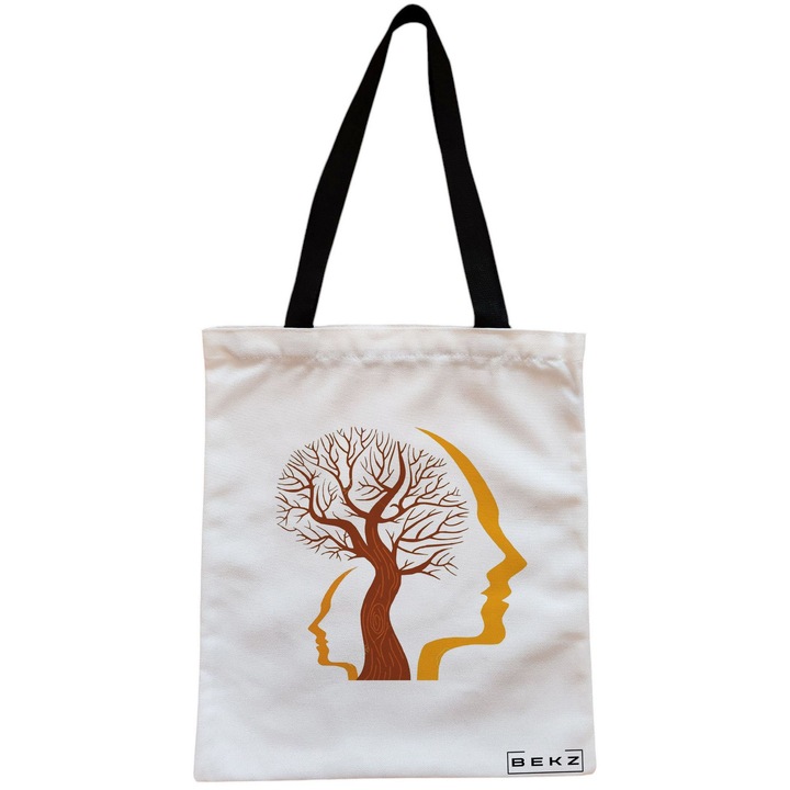 Vászon hordtáska nőknek, fa és arc modell, 38x34,5 cm, fehér, BEKZ