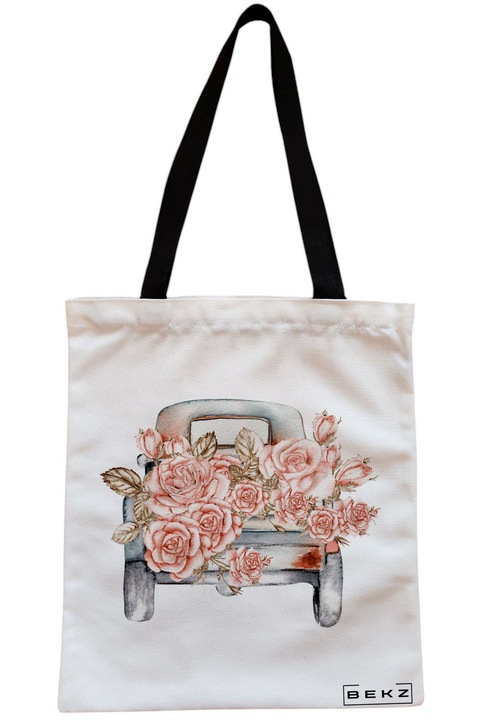 Sacosa Cumparaturi Textila cu Fermoar, Geanta Tote, model Pink Car, 38x34.5 cm, Alba, BEKZ®