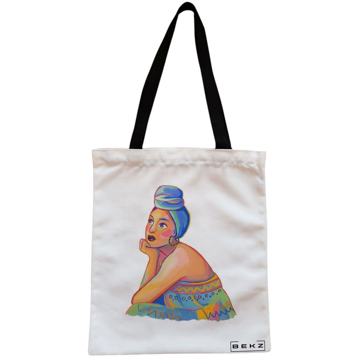Vászon női hordtáska, élénk portré 2 modell, 38x34,5 cm, fehér, BEKZ