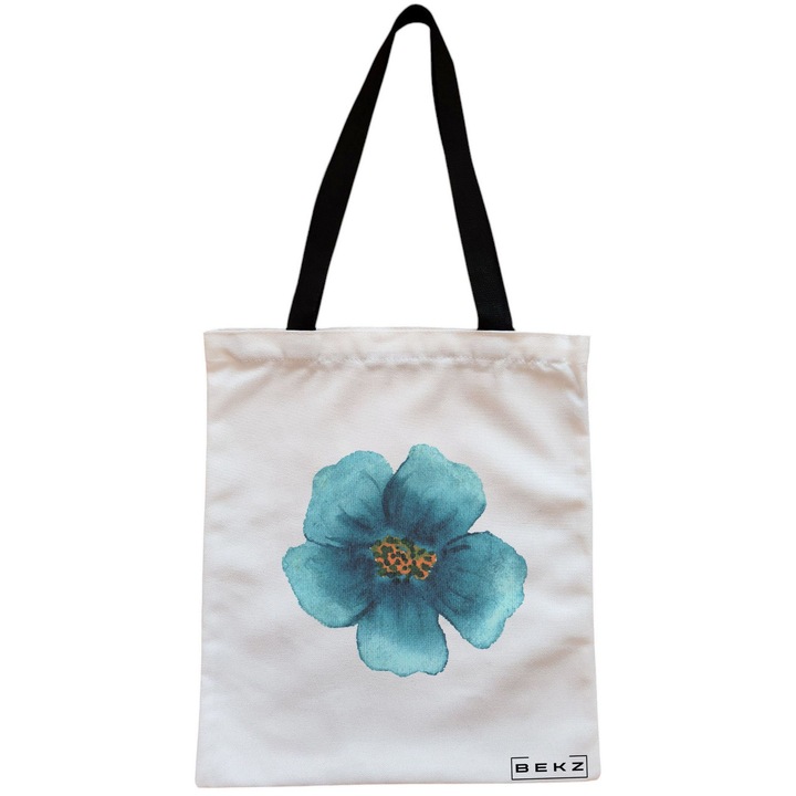 Платнена дамска чанта, синя флорална шарка, 38x34,5 см, бяла, BEKZ®