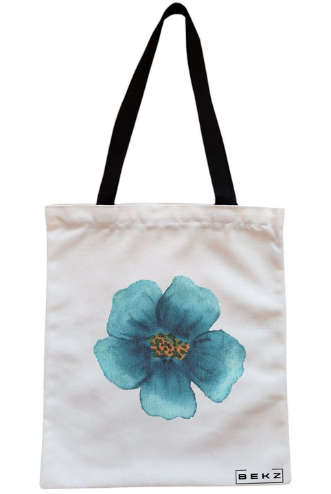 Sacosa Cumparaturi Textila cu Fermoar, Geanta Tote, model Floral Albastru, 38x34.5 cm, Alba, BEKZ®
