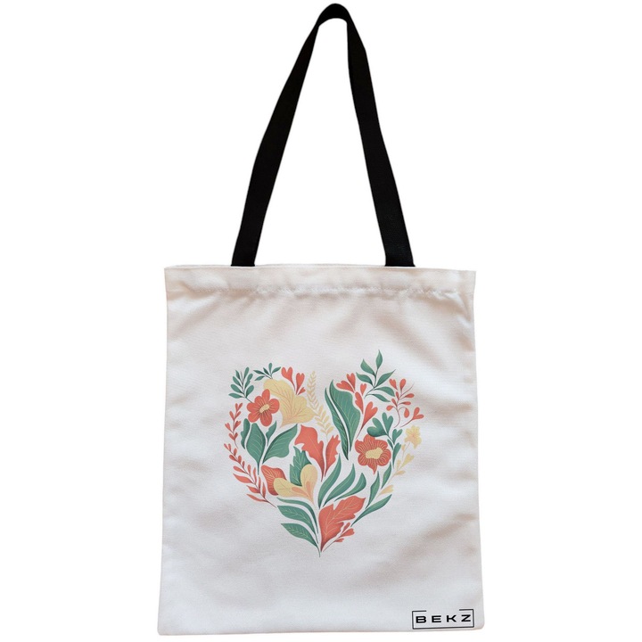 Платнена дамска чанта, флорални сърца, 38x34,5 см, бяла, BEKZ®