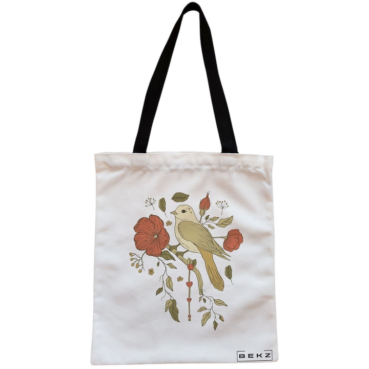 Vászon női hordtáska, Cantec virágos modell, 38x34,5 cm, fehér, BEKZ