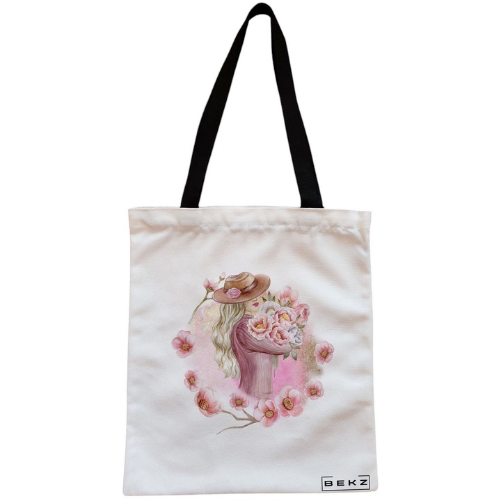 Vászon női hordtáska, virágos romantikus modell, 38x34,5 cm, fehér, BEKZ
