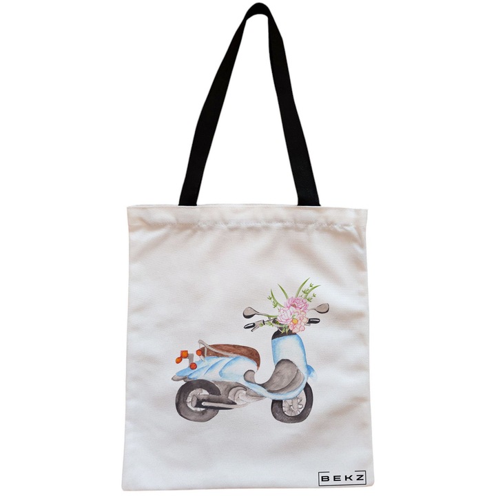 Vászon női hordtáska, virágos kerékpármodell, 38x34,5 cm, fehér, BEKZ