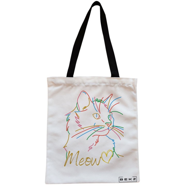 Платнена дамска чанта, модел Meow, 38x34,5 см, бяла, BEKZ®
