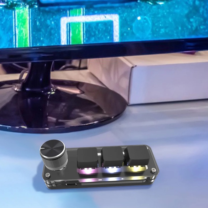 Mini mechanikus billentyűzet, fekete, 9.9x3.7x3.5cm, egyedi funkciók, RGB világítás