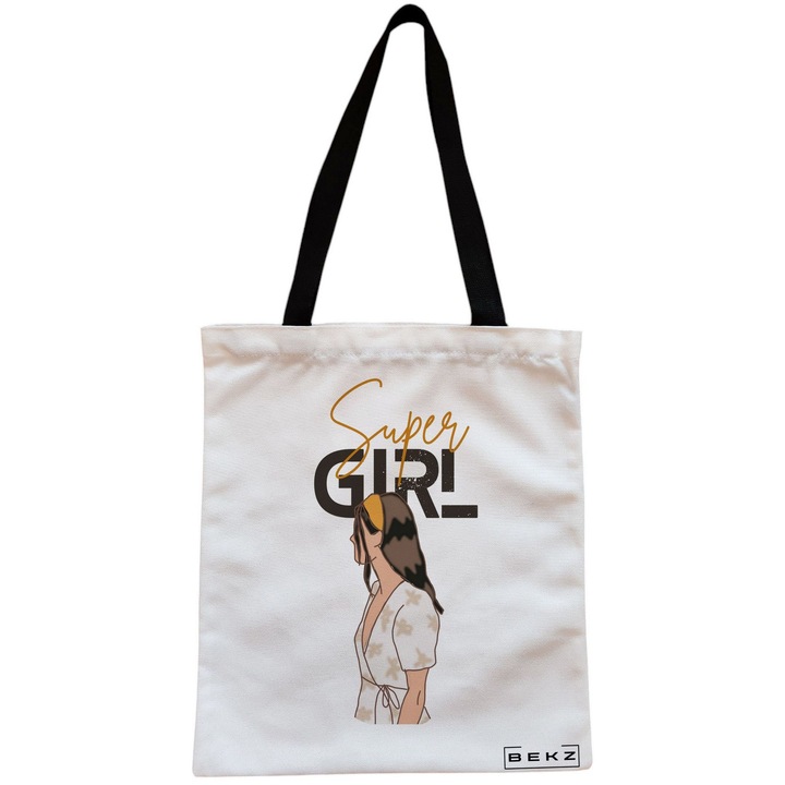 Vászon női hordtáska, Super Girl modell, 38x34,5 cm, fehér, BEKZ