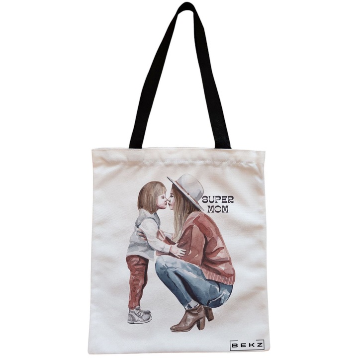 Vászon női hordtáska, Super Mom 3 modell, 38x34,5 cm, fehér, BEKZ