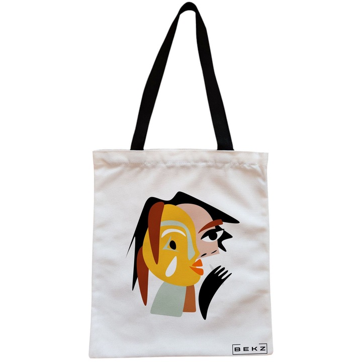 Vászon női hordtáska, absztrakt arc 2 modell, 38x34,5 cm, fehér, BEKZ