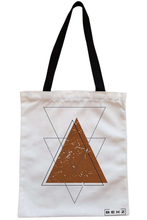 Sacosa Cumparaturi Textila cu Fermoar, Geanta Tote, model Triangles art, 38x34.5 cm, Alba, BEKZ®