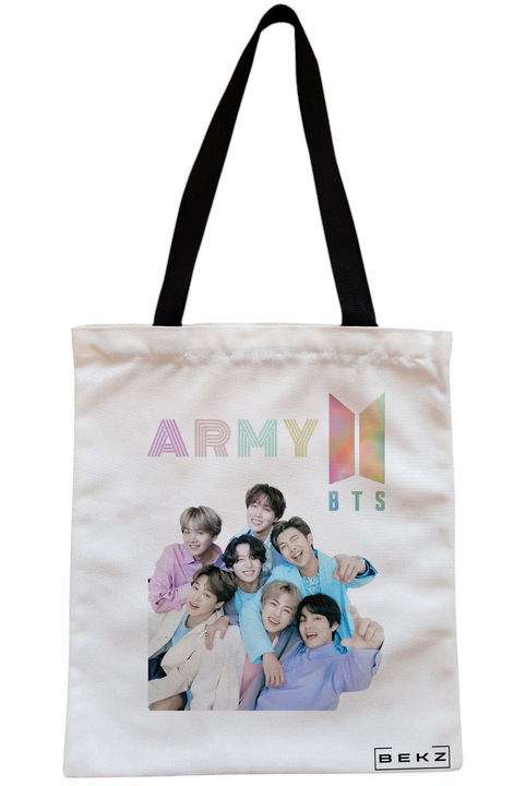 Sacosa Cumparaturi Textila cu Fermoar, Geanta Tote, model BTS Army 7, 38x34.5 cm, Alba, BEKZ®