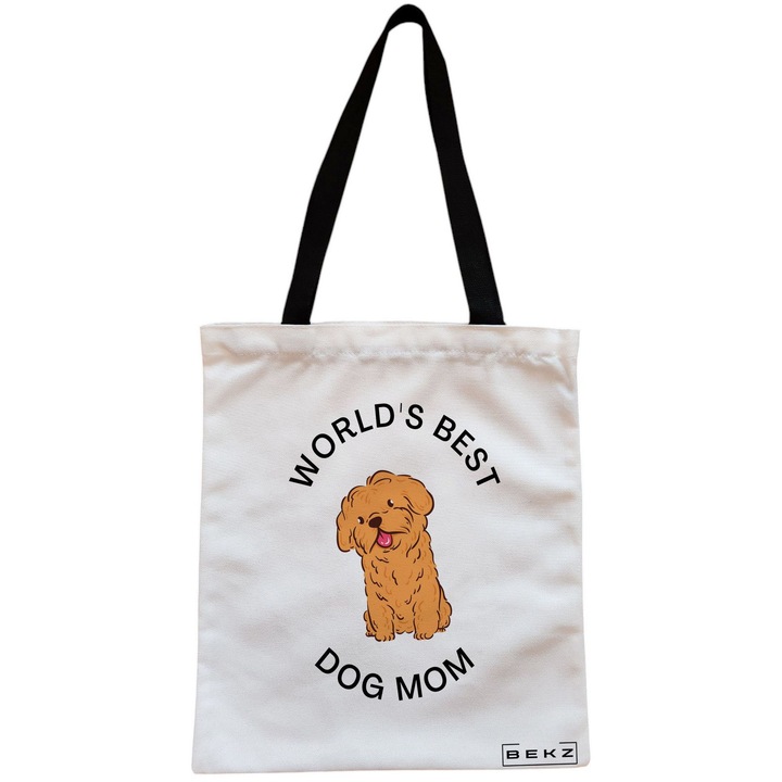 Vászon női hordtáska, a világ legjobb kutyamama modellje, 38x34,5 cm, fehér, BEKZ