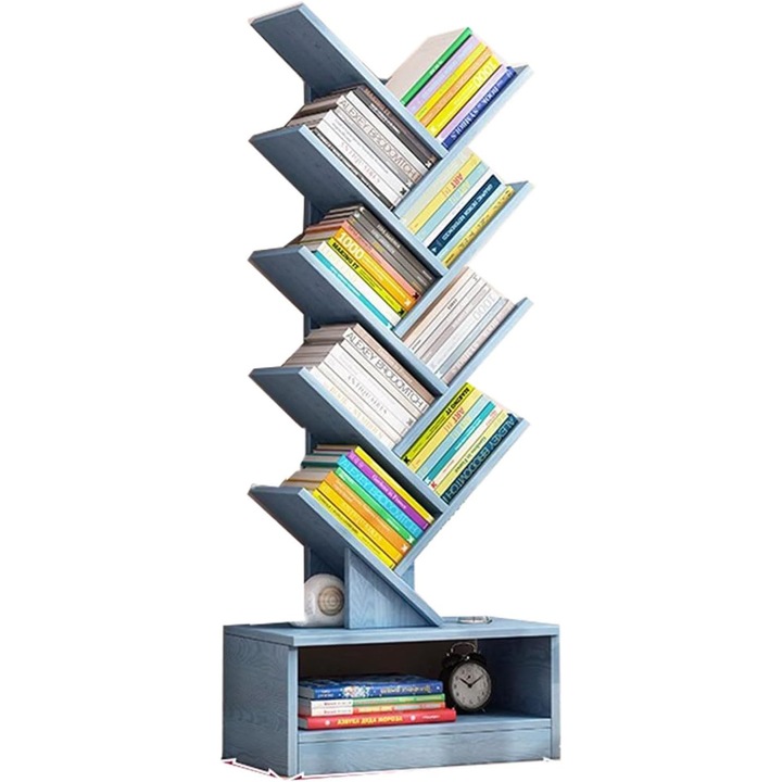 Biblioteca inalta cu 8 rafturi, MWAOWM, design copac, capacitate mare, 100x34x20cm, Albastru