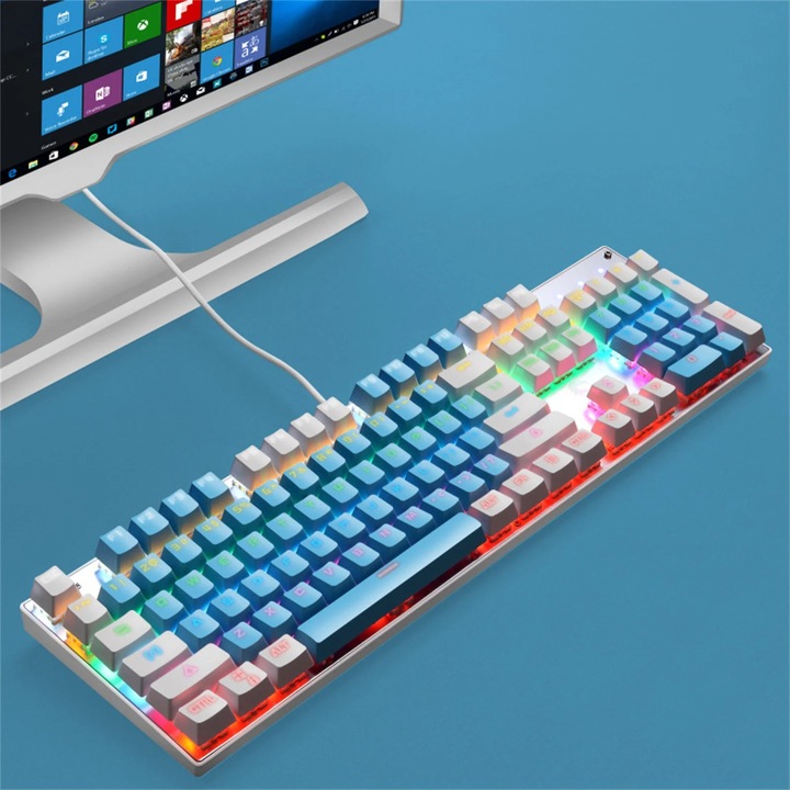 Mechanikus gamer billentyűzet, 104 billentyű, RGB világítás, kék, 43.5x12.7x3.5cm