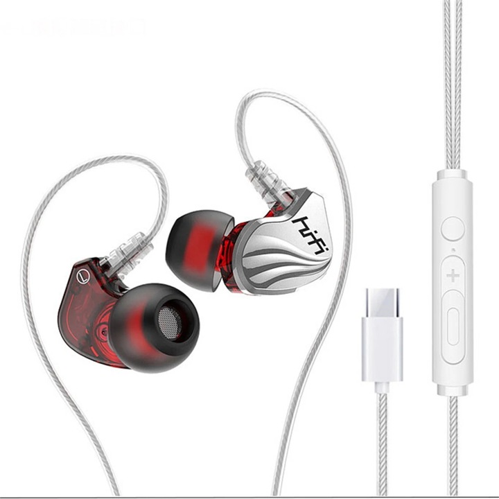 Casti in-ear YANYXR BSC2119766, Type‑C cu adaptor 3.5mm, bass puternic, cablu cu telecomanda si microfon, multicolor