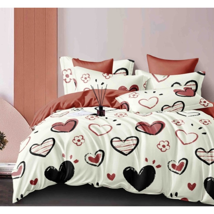 Lenjerie de pat dublu cu elastic, Jojo Home, 6 piese, 2 persoane, 180x200cm, Finet Superior, Imprimeu Inimi, Multicolor