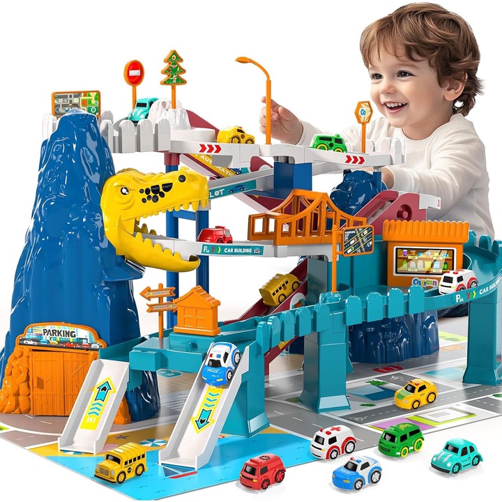 Dinosaur Race Track, Giftry®, образователен и забавен комплект за игра с кола и писта за динозаври, включва 10 мини коли, идеален подарък за момчета и момичета на възраст 3-8 години