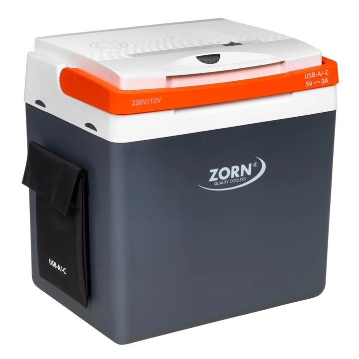 Автомобилен охладител ZORN Z 26 LNE, 25 литра, 12V, 230V захранване, USB климатик, охлаждане и отопление, сиво-бяло-оранжев