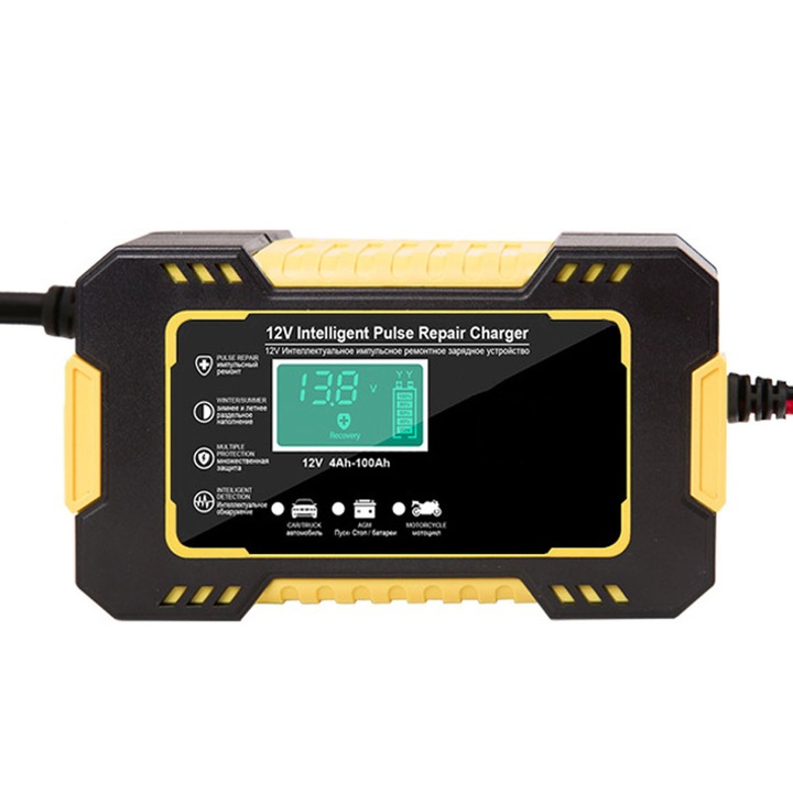 Incarcator Acumulatori Plumb, ZGGZERG, Redresor smart auto, 12V, 6A, Incarcare vizuala, Display LCD mare, Compensarea temperaturii, Protectie la supratensiune, Pentru masina, camion, barca, ABS, 150 *85*62mm, Galben