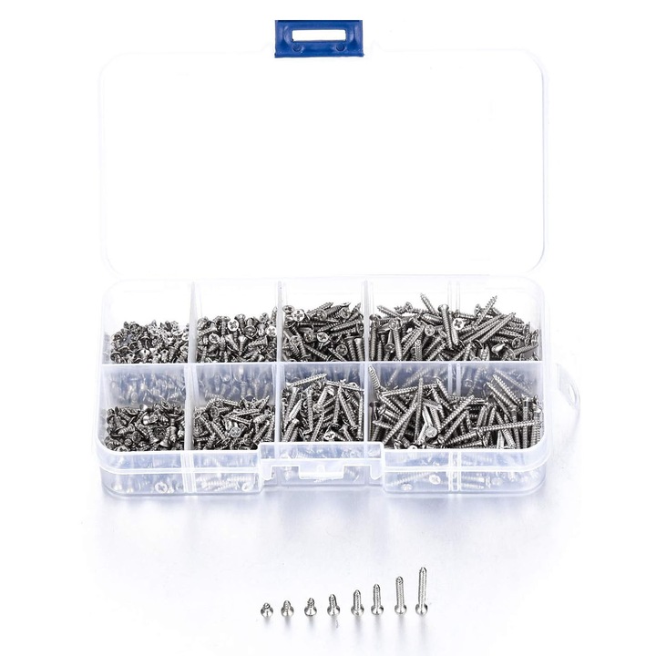 800 darabos önmetsző csavarkészlet, ZGGZERG, Gyorsmenettel, süllyesztett fejjel és kereszthoronnyal, Átlátszó dobozban, Rozsdamentes, Barkácsoláshoz és professzionális ácsmunkához, 1006 szénacél, 4-20 mm, Ezüst