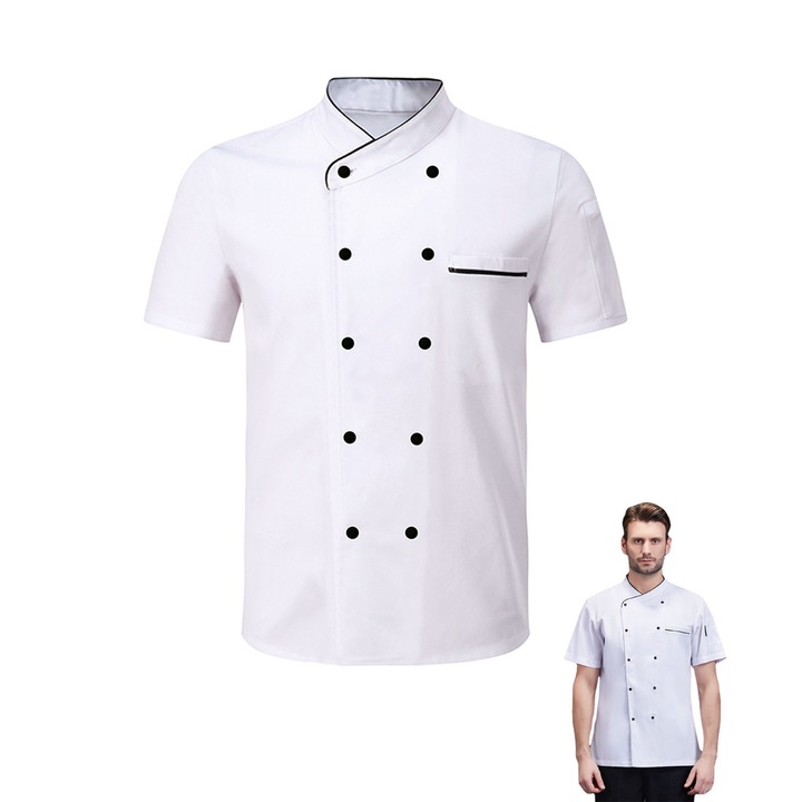 Tunica pentru bucatari, ZGGZERG, Tunica de bucatari unisex, Maneca scurta, Cu buzunare petice si zece butoane, Stand-up guler stil mandarin, Antifouling si respirabil, Rezistent la riduri, Ripstop, Poliester, XXL, Alb