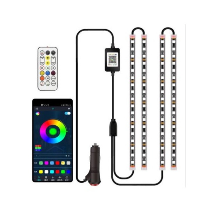 Kit 4 Lumini Ambientale Symphony, Dinamice, RGB cu telecomanda, 12V, 12 LED, 22 cm