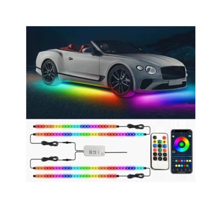 Kit Iluminare sub masina Symphony, dinamice, RGB multicolor cu telecomanda si aplicatie telefon 12V, 2x120cm si 2x90cm