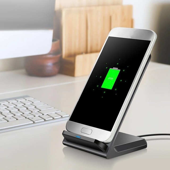 Incarcator wireless pentru smartphone-uri, 10W, negru, 8.5x6.7x11cm, design cu doua bobine de incarcare