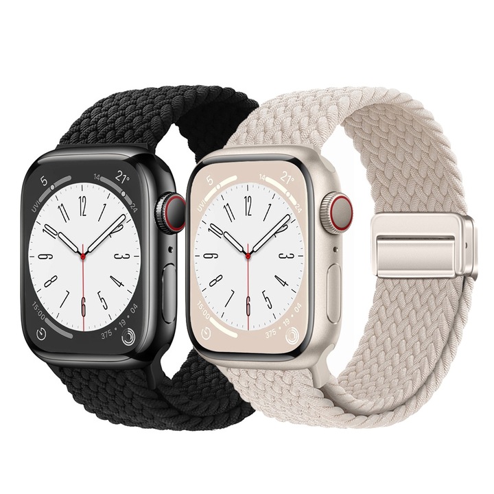 Set 2 curele smartwatch, Compatibila cu Apple Watch 11 10 9 8 7 6 5 4 3 2 1, Display 38/40/41/42 mm, Magnetic, Naylon, MATCHEASY, Negru/Bej