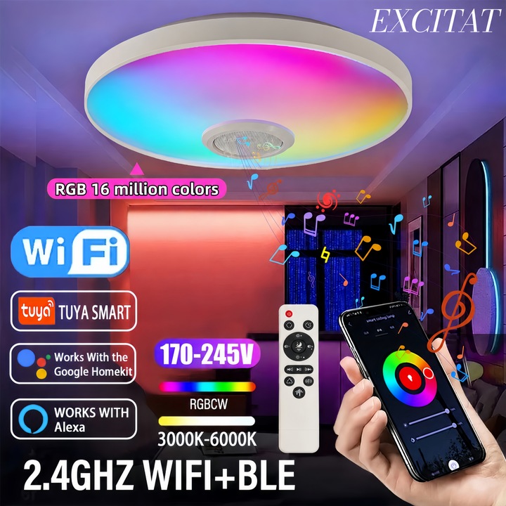 Plafoniera Cu Led, Excitat®, inteligenta, Putere 48W, Control prin Telefon/Telecomanda/Intrerupator, Difuzor Conectat Bluetooth, Lumina RGB Calda si Rece, protectie ochilor si economie de energie, 3000-6000K, 38 cm, rezistenta la apa, puls muzical, Alb