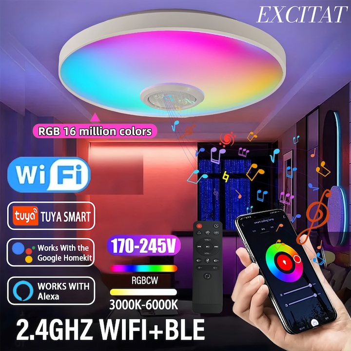 Plafoniera Cu Led, Excitat®, inteligenta, Putere 48W, Control prin Telefon/Telecomanda/Intrerupator, Difuzor Conectat Bluetooth, Lumina RGB Calda si Rece, protectie ochilor si economie de energie, 3000-6000K, 38 cm, rezistenta la apa, puls muzical, Alb