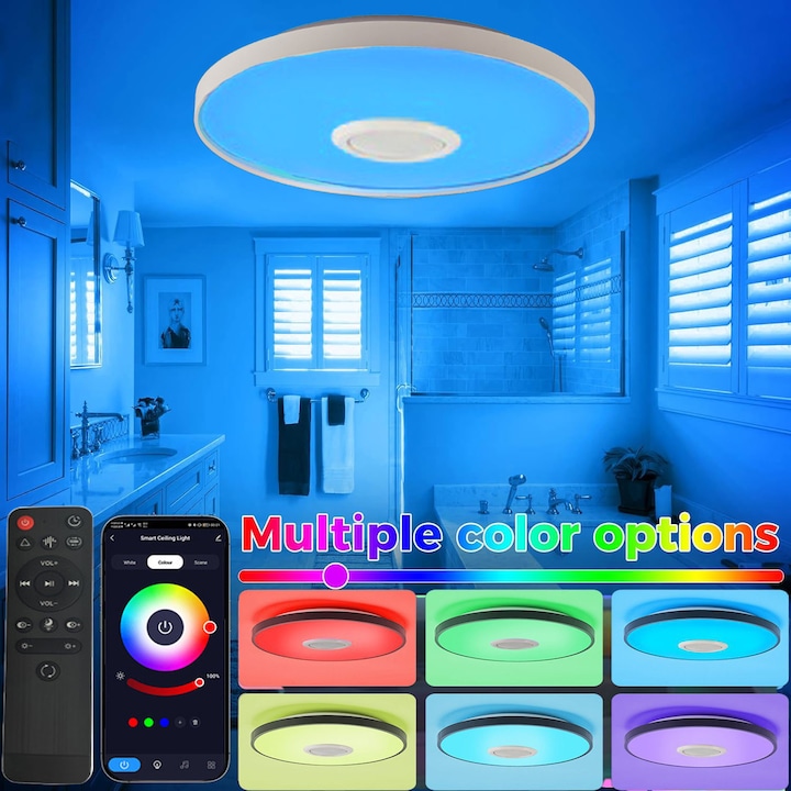 Okos LED mennyezeti lámpa, 48 W teljesítmény, Excitat, telefon/távirányító/kapcsoló vezérlés, Bluetooth-os hangszóró, meleg és hideg RGB fény, szemvédő és energiatakarékos, 3000-6000K, 38 cm, vízálló, zenepulzus, fehér