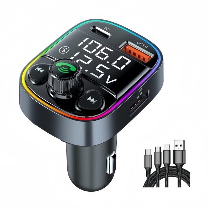 Carrlinechoo Bluetooth 5.0 autós FM modulátor 10 funkcióval, C típusú / USB QC 3.0 autós töltő, kihangosító autós FM-adó, RGB LED, akkumulátorfeszültség-kijelző, fekete