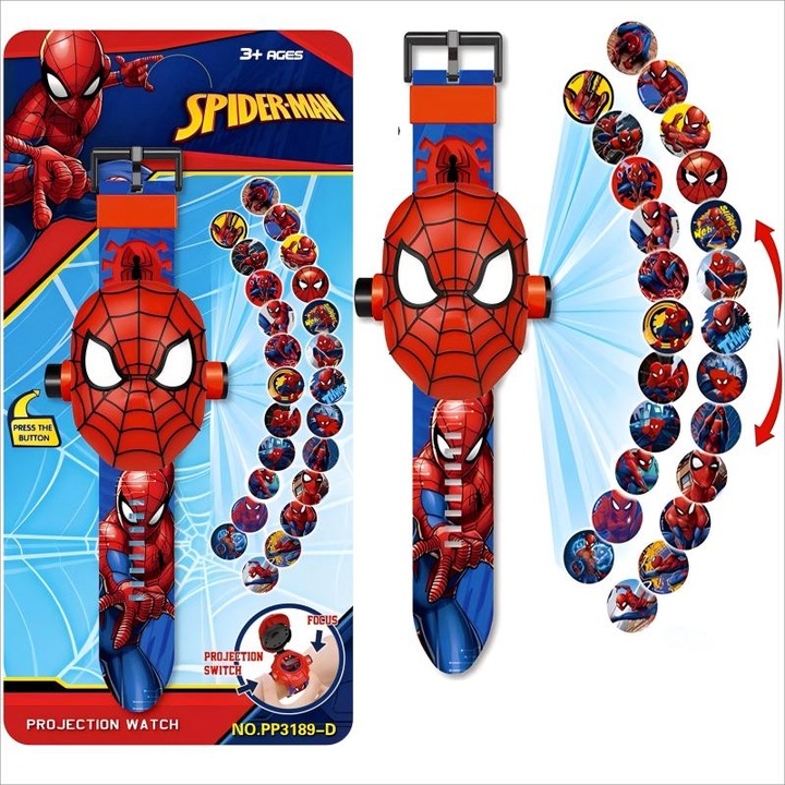 Ceas pentru copii cu proiector, Include 24 de imagini Anime, design cu capac flip, multicolor, 46.3mm，Spider-Man