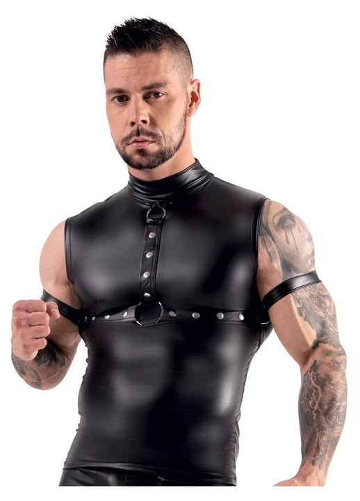 Szexi férfi felső, Svenjoyment Bondage, matt felső szegecsekkel, poliészter/spandex, pántok és harisnyatartók, fekete, S-es méret