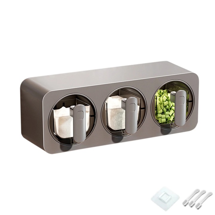 Organizator condimente montat pe perete YANYXR BCS2900245, 3 compartimente cu capace si 3 linguri, material ABS, etans, gri/alb, 32.5x13x12 cm