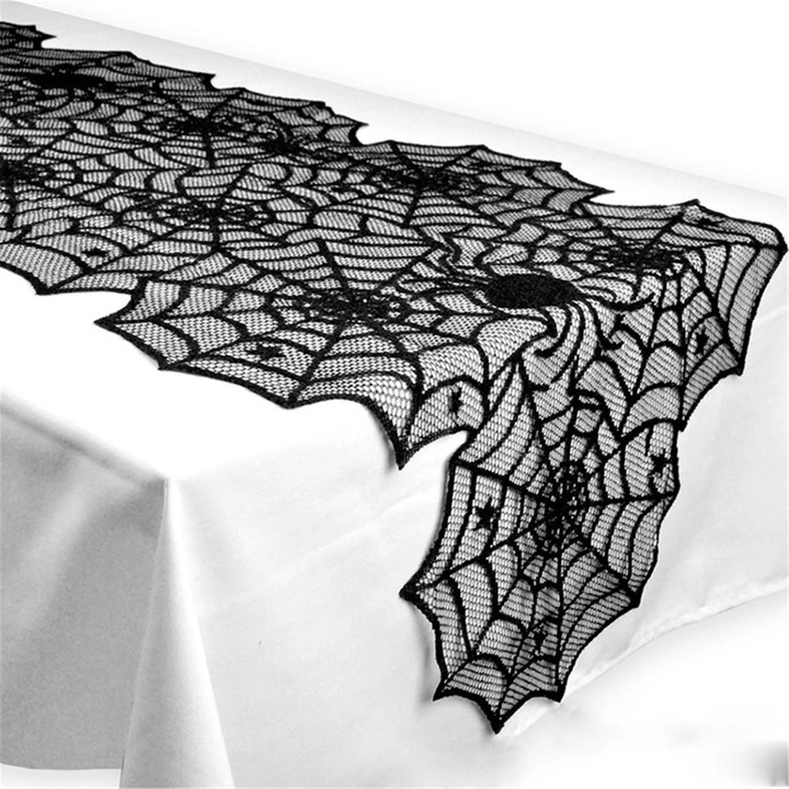 YANYXR Halloween fekete csipke pókhálós asztalterítő 183x45cm