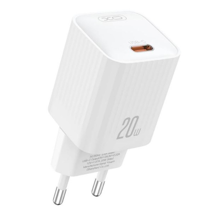 XO-L146 EU Plug адаптер, Type-C порт, бързо зареждане, мощност 20 W, бял