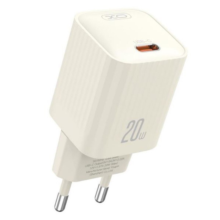 Adaptor Priza XO-L146 EU, Port Type-C, Incarcare rapida, Putere 20W, Crem